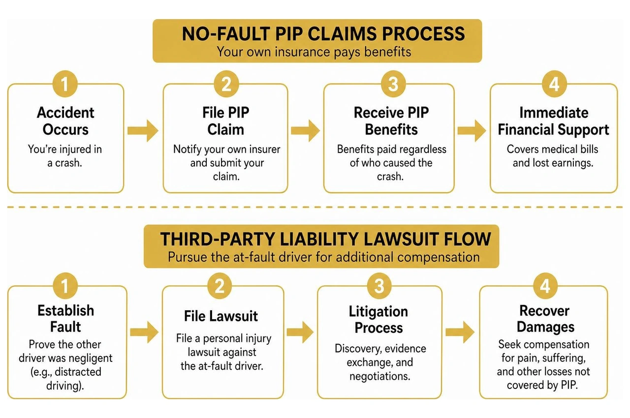 No-fault PIP claims process versus third-party liability lawsuit flow No-fault PIP claims process versus third-party liability lawsuit flow