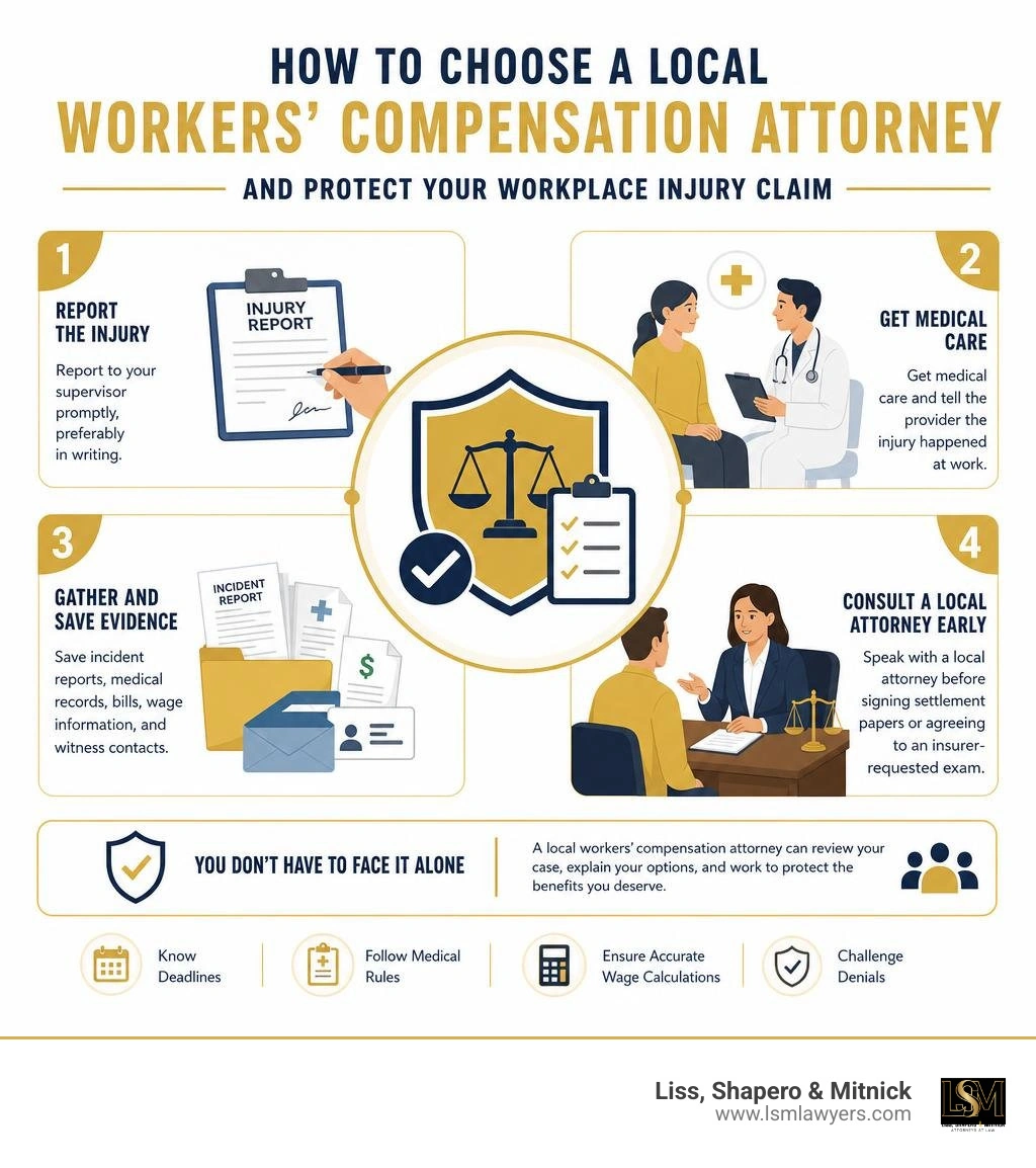 How to choose a local workers compensation attorney and protect a workplace injury claim infographic