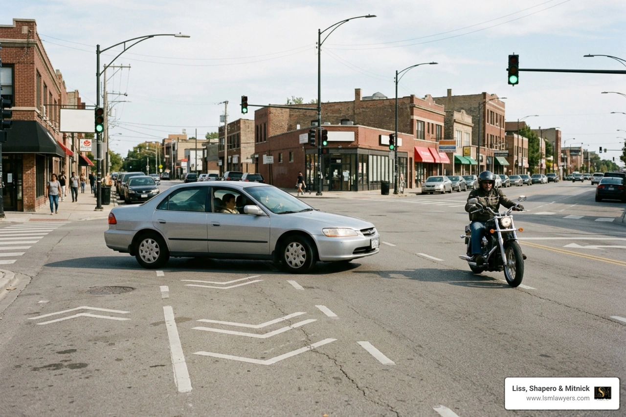 Vehicle turning left across oncoming motorcycle path Vehicle turning left across oncoming motorcycle path