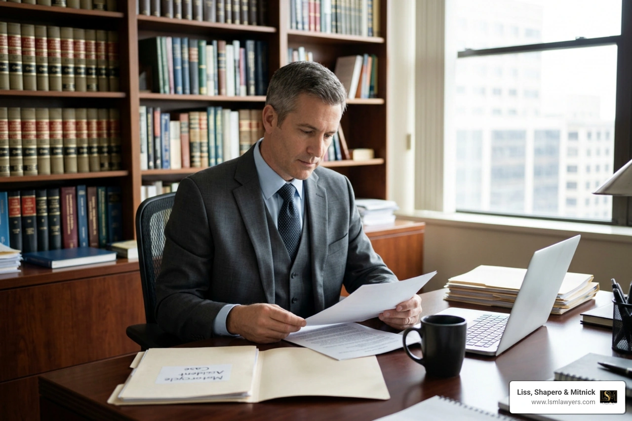 Attorney reviewing motorcycle injury legal files Attorney reviewing motorcycle injury legal files