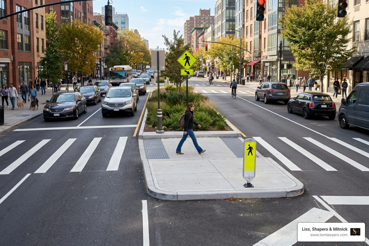 modern traffic calming with pedestrian refuge island and high-visibility crosswalk markings