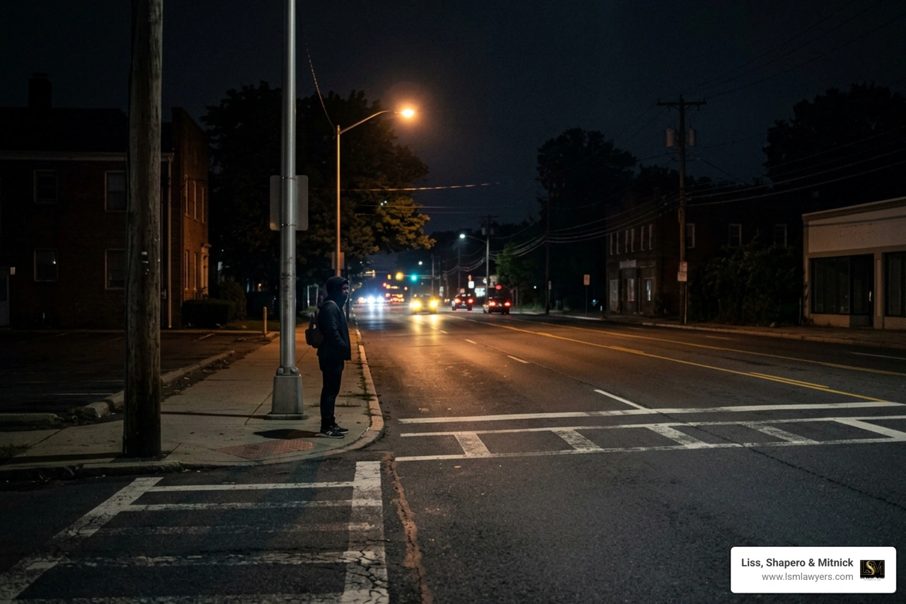 poorly lit urban arterial roadway at night