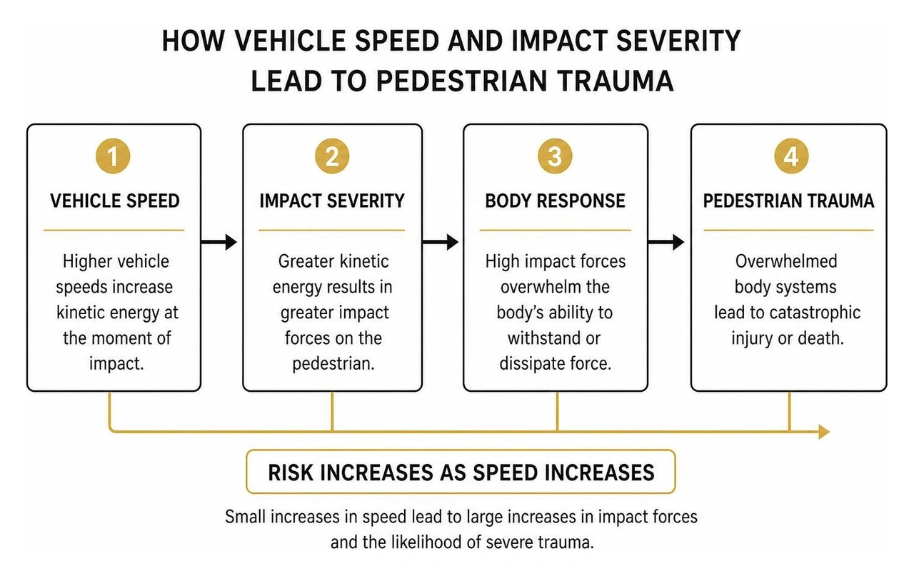 Process diagram showing how vehicle speed and impact severity lead to pedestrian trauma