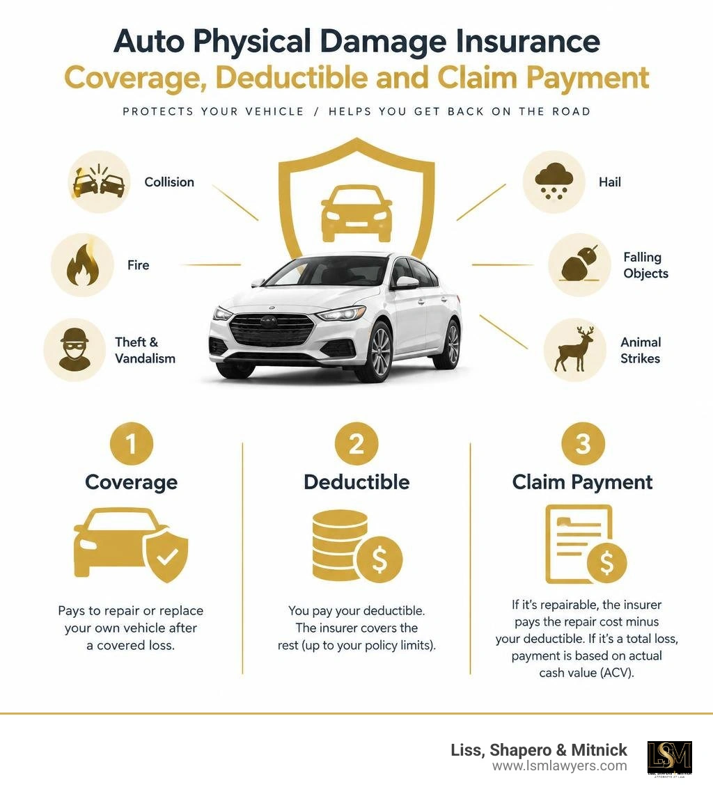 Auto physical damage insurance coverage, deductible, and claim payment infographic infographic Auto physical damage insurance coverage, deductible, and claim payment infographic infographic