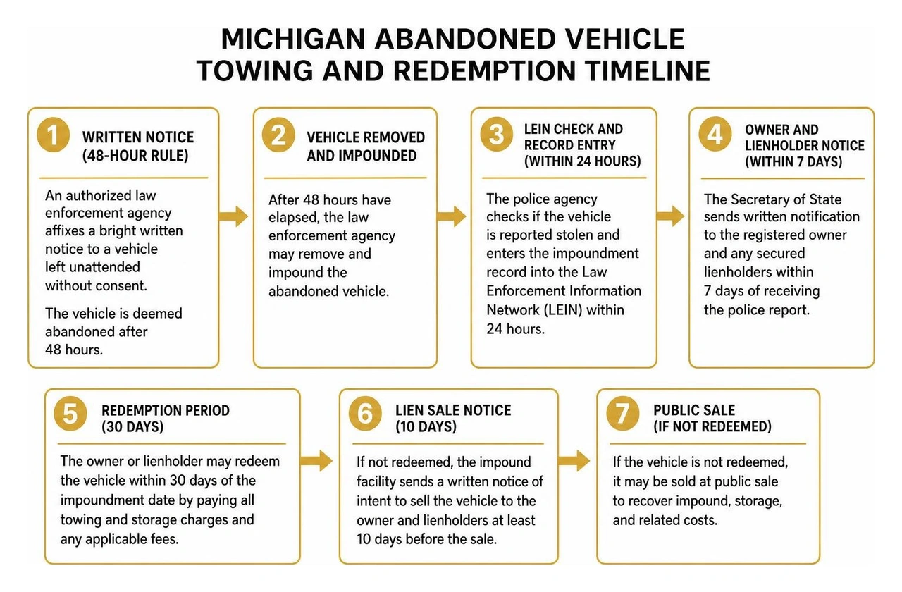 Step-by-step process diagram of Michigan abandoned vehicle towing and redemption timeline Step-by-step process diagram of Michigan abandoned vehicle towing and redemption timeline
