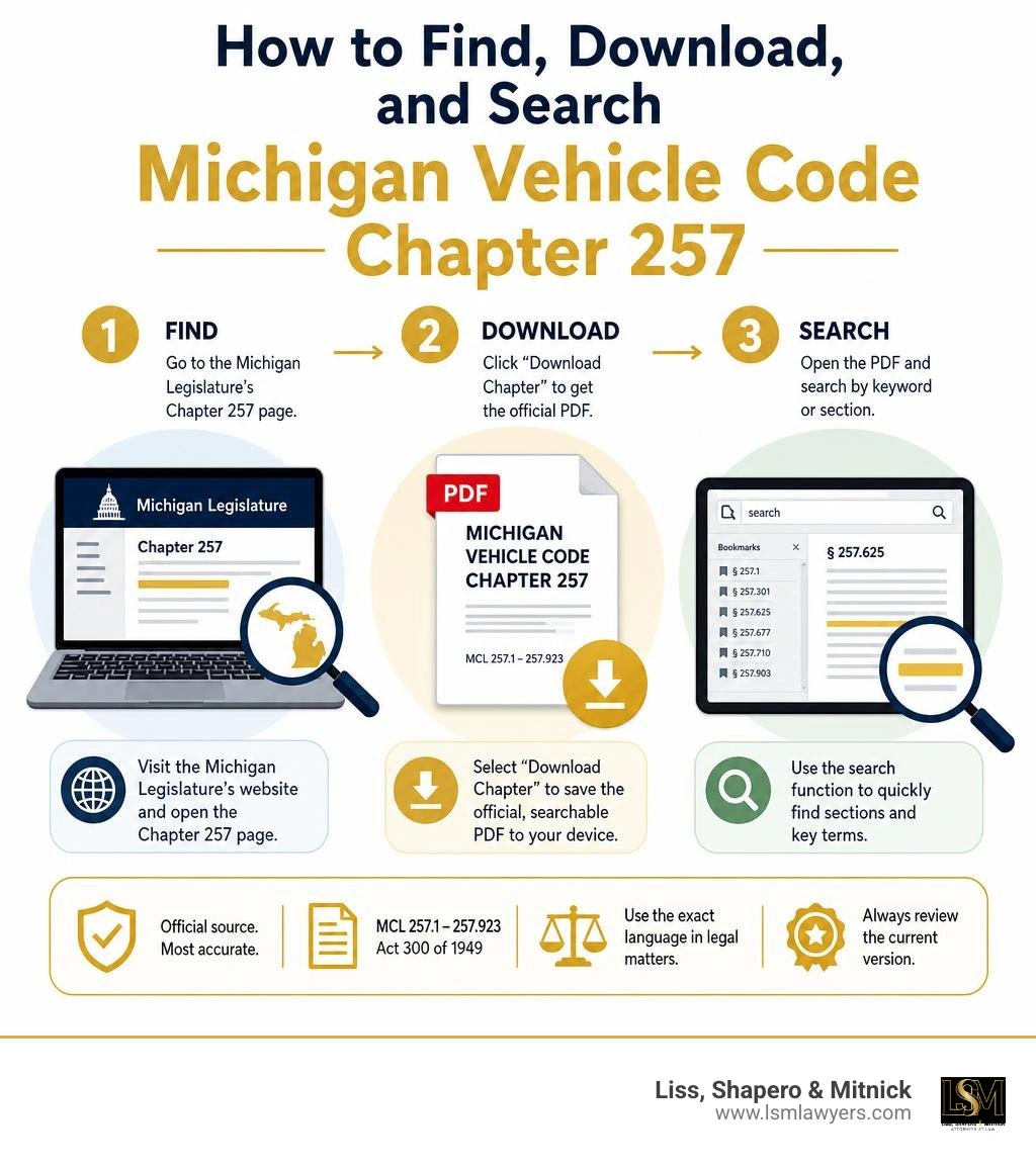 Infographic showing how to find, download, and search Michigan Vehicle Code Chapter 257 infographic Infographic showing how to find, download, and search Michigan Vehicle Code Chapter 257 infographic