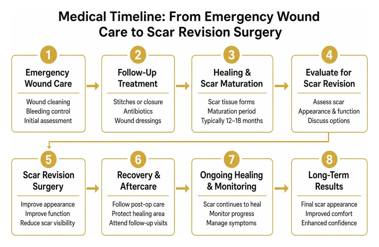 Medical timeline from emergency wound care to scar revision surgery Medical timeline from emergency wound care to scar revision surgery