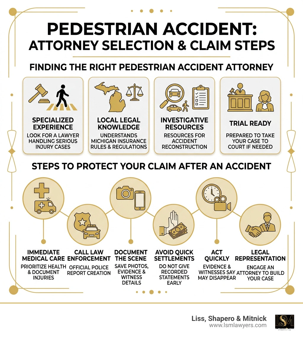 Pedestrian accident attorney selection and claim steps infographic Pedestrian accident attorney selection and claim steps infographic