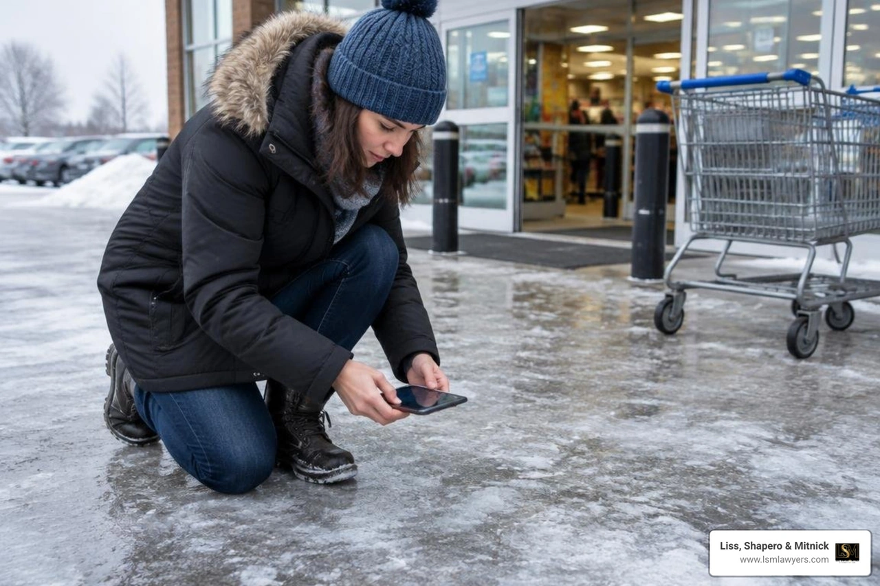 Evidence documentation on an icy commercial sidewalk Evidence documentation on an icy commercial sidewalk