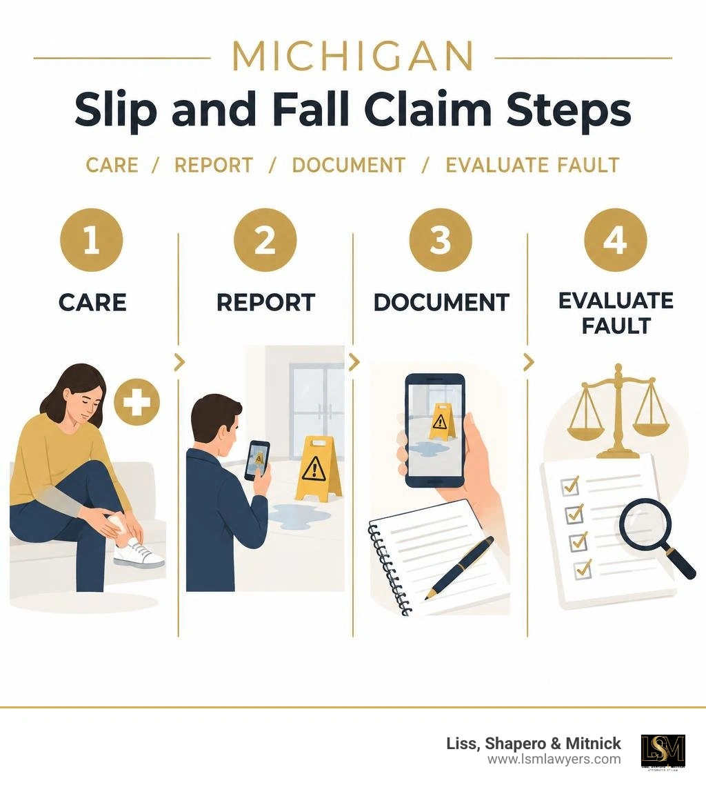 Michigan slip and fall claim steps: care, report, document, evaluate fault infographic Michigan slip and fall claim steps: care, report, document, evaluate fault infographic