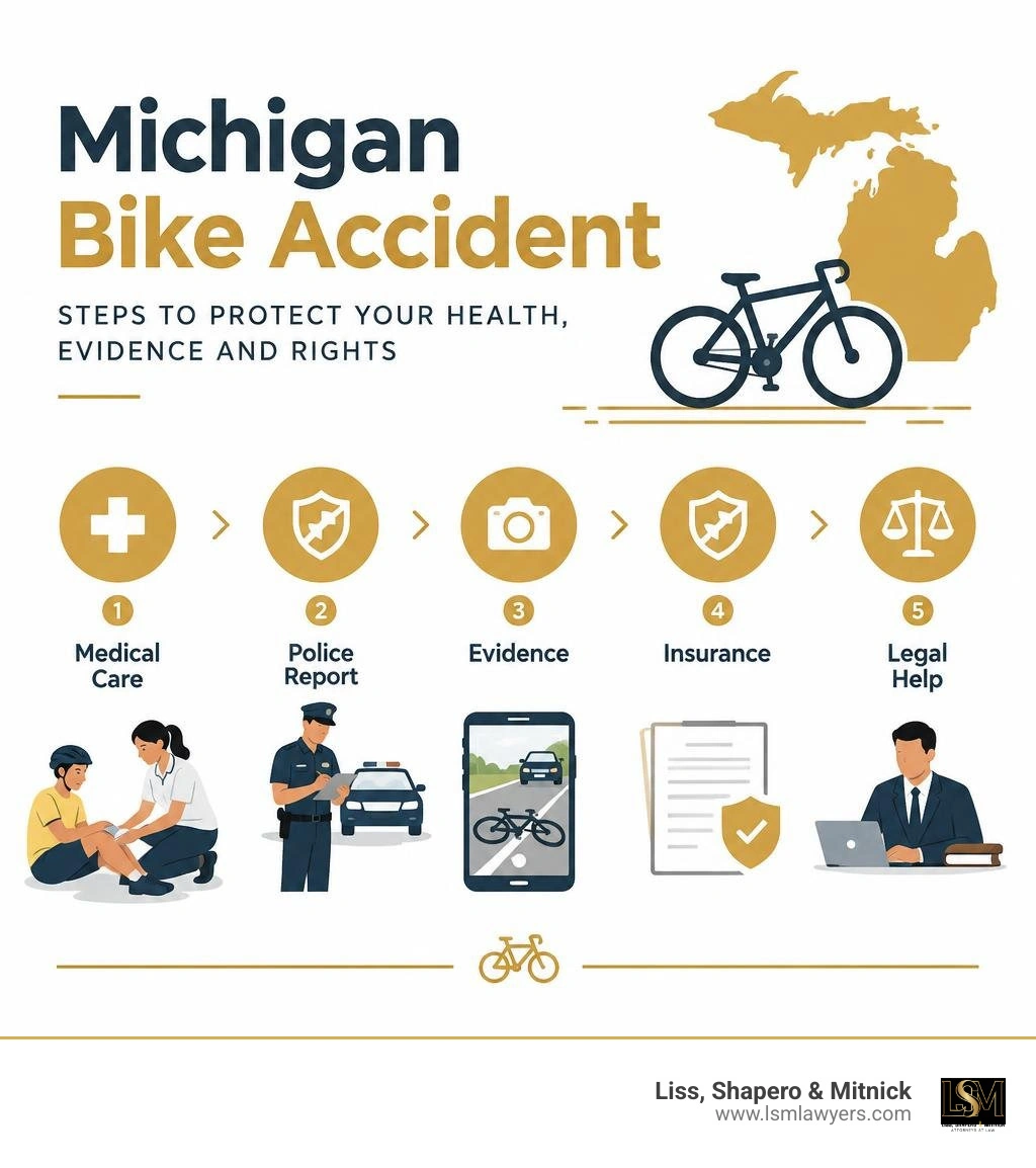 Michigan bike accident steps: medical care, police report, evidence, insurance and legal help infographic Michigan bike accident steps: medical care, police report, evidence, insurance and legal help infographic