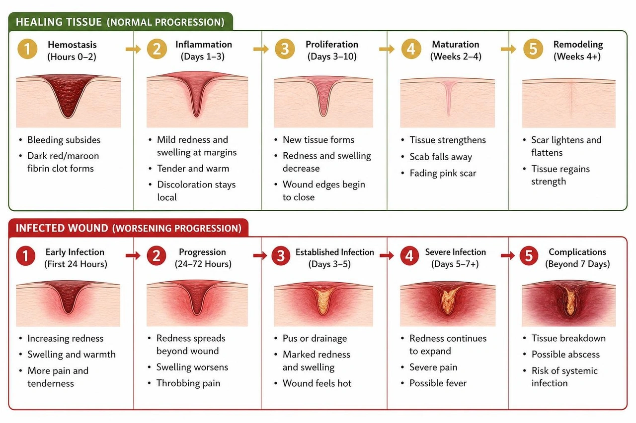 progression diagram comparing healthy healing tissue against an infected bite wound progression diagram comparing healthy healing tissue against an infected bite wound