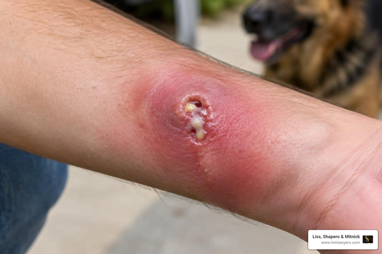 infected dog bite wound exhibiting spreading redness swelling and purulence infected dog bite wound exhibiting spreading redness swelling and purulence