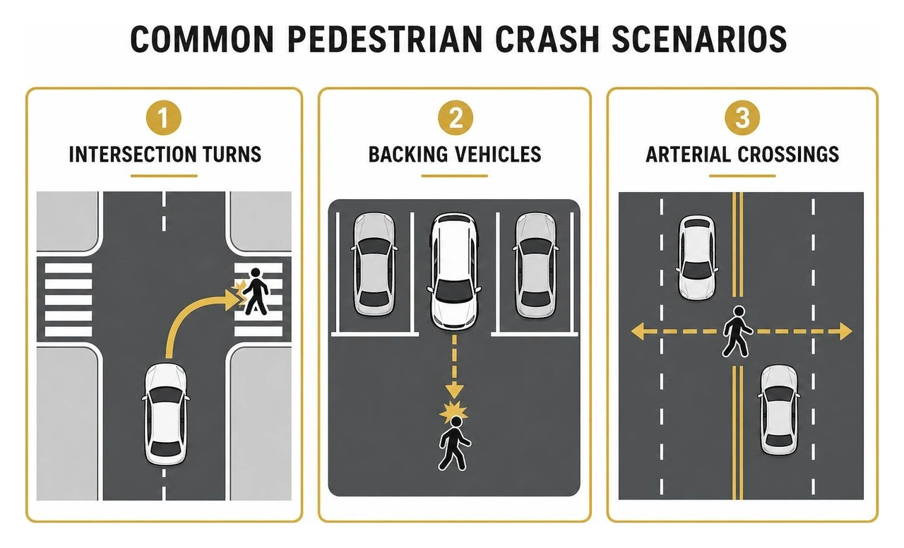 Common pedestrian crash scenarios including intersection turns, backing vehicles, and arterial crossings