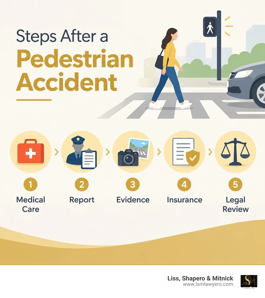 Steps after a pedestrian accident: medical care, report, evidence, insurance, legal review infographic