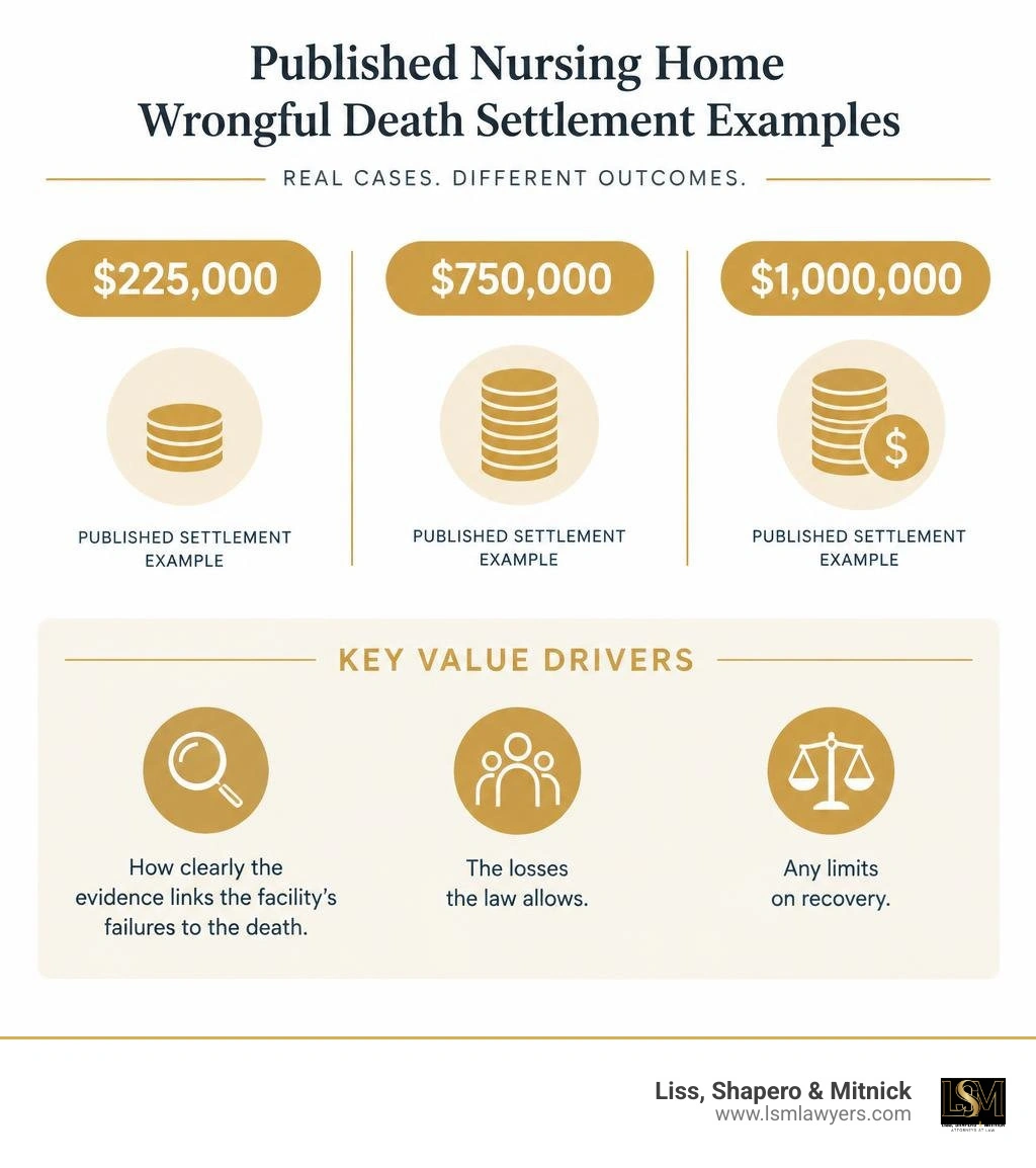 Infographic comparing published settlement examples of $225,000, $750,000, and $1 million, with key value drivers infographic Infographic comparing published settlement examples of $225,000, $750,000, and $1 million, with key value drivers infographic