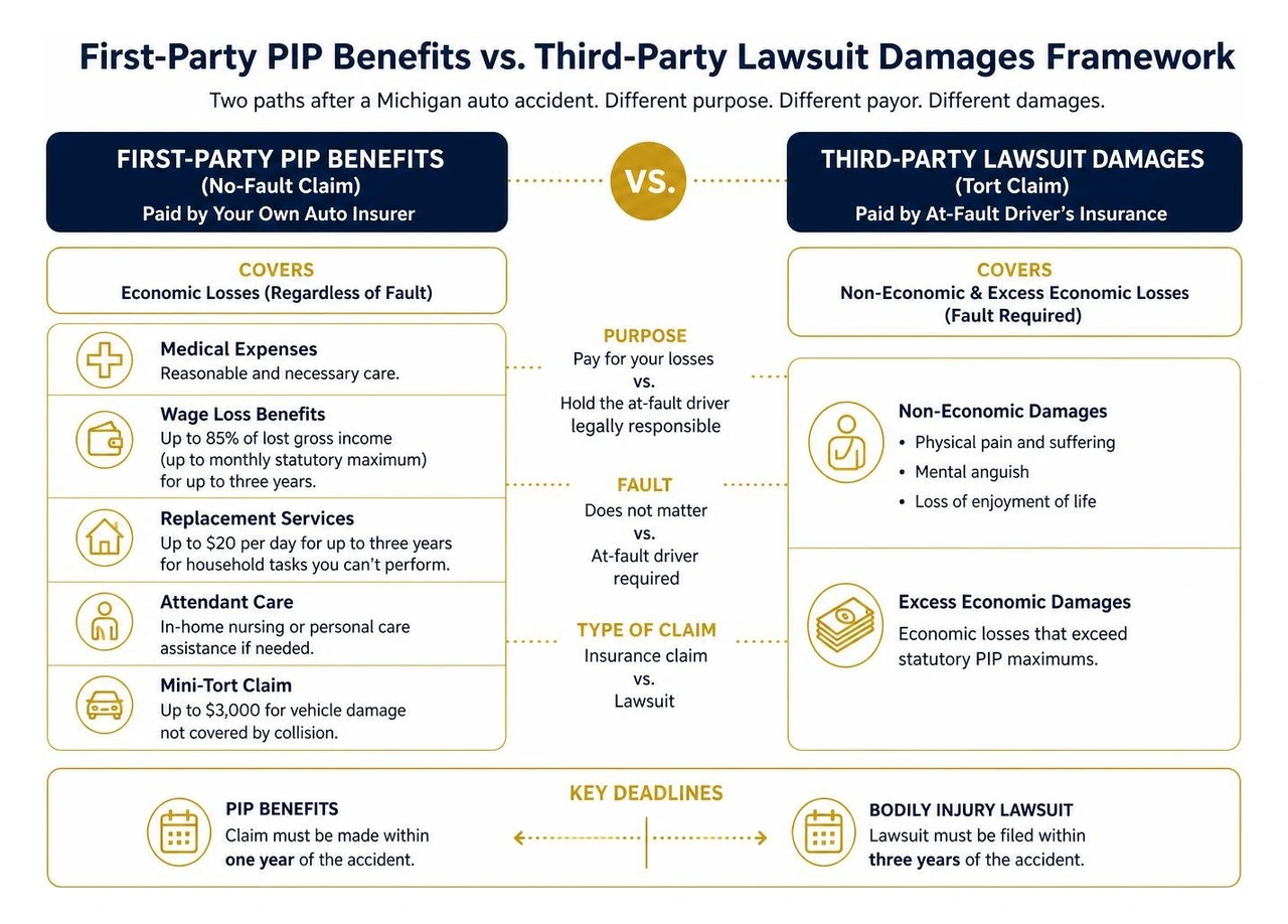 First-party PIP benefits vs third-party lawsuit damages framework First-party PIP benefits vs third-party lawsuit damages framework