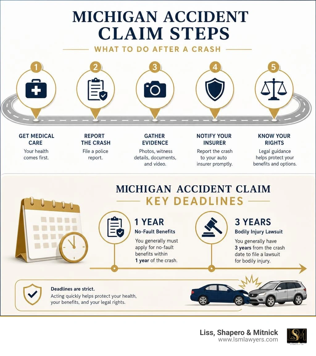 Michigan accident claim steps and key deadlines infographic Michigan accident claim steps and key deadlines infographic