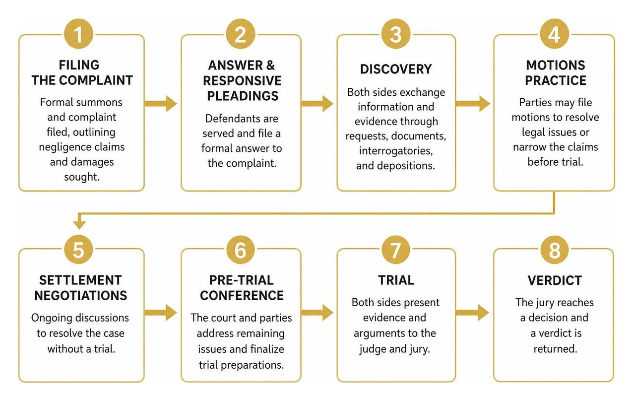 Diagram showing the civil litigation roadmap from complaint to verdict