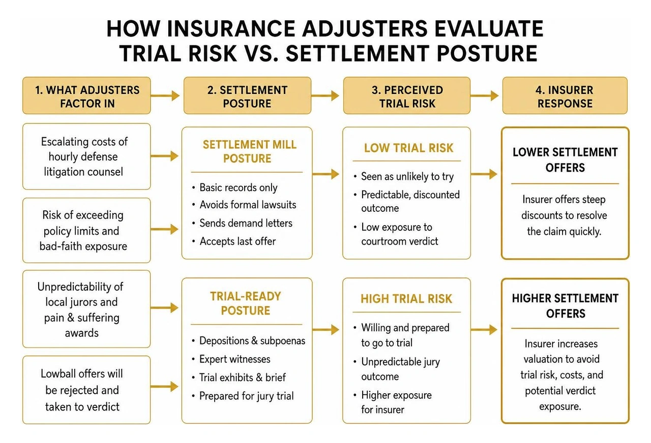 Diagram showing how insurance adjusters evaluate trial risk versus settlement posture