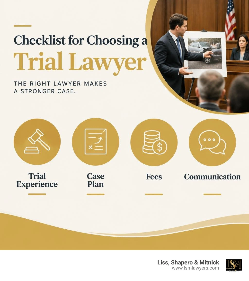 Checklist for choosing a trial lawyer: trial experience, case plan, fees, and communication infographic
