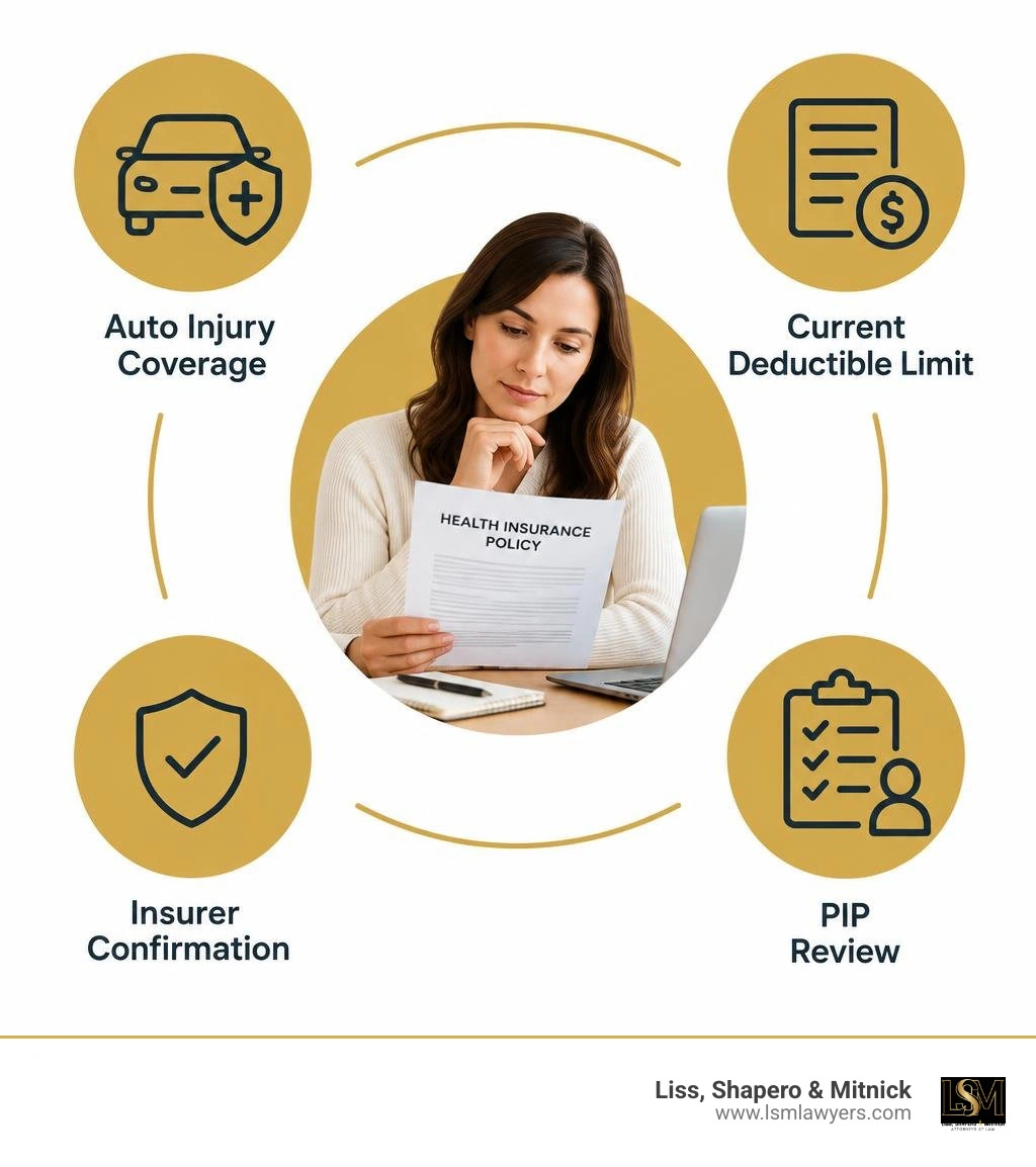 Checklist: auto injury coverage, current deductible limit, insurer confirmation, and PIP review infographic Checklist: auto injury coverage, current deductible limit, insurer confirmation, and PIP review infographic