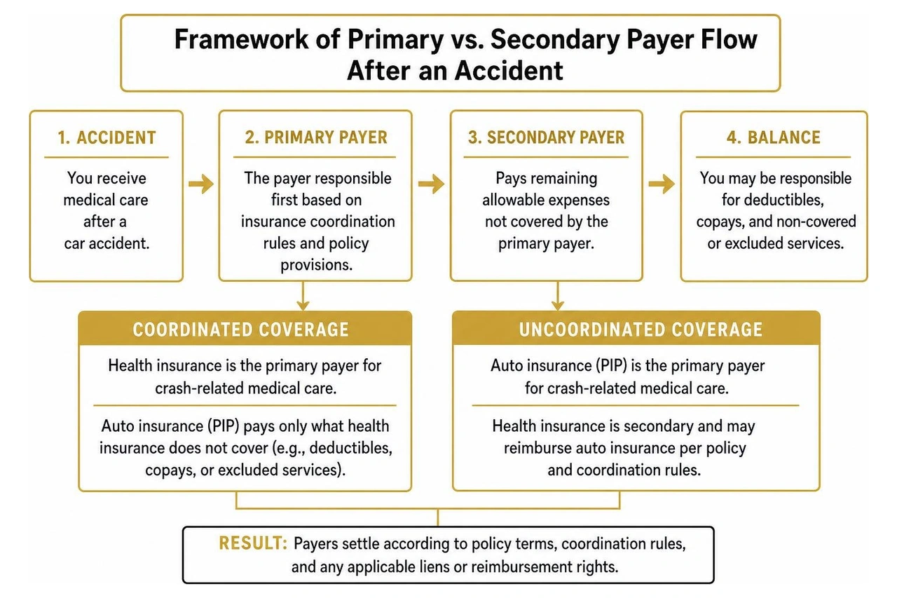 Framework of primary vs secondary payer flow after an accident Framework of primary vs secondary payer flow after an accident