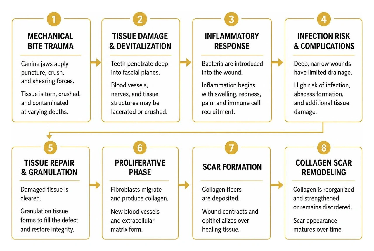 Pathophysiological progression from mechanical bite trauma to collagen scar remodeling