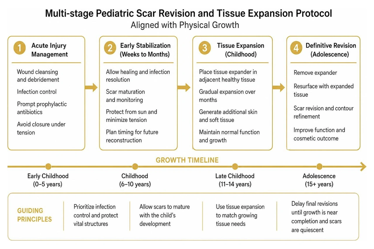 Multi-stage pediatric scar revision and tissue expansion protocol over physical growth