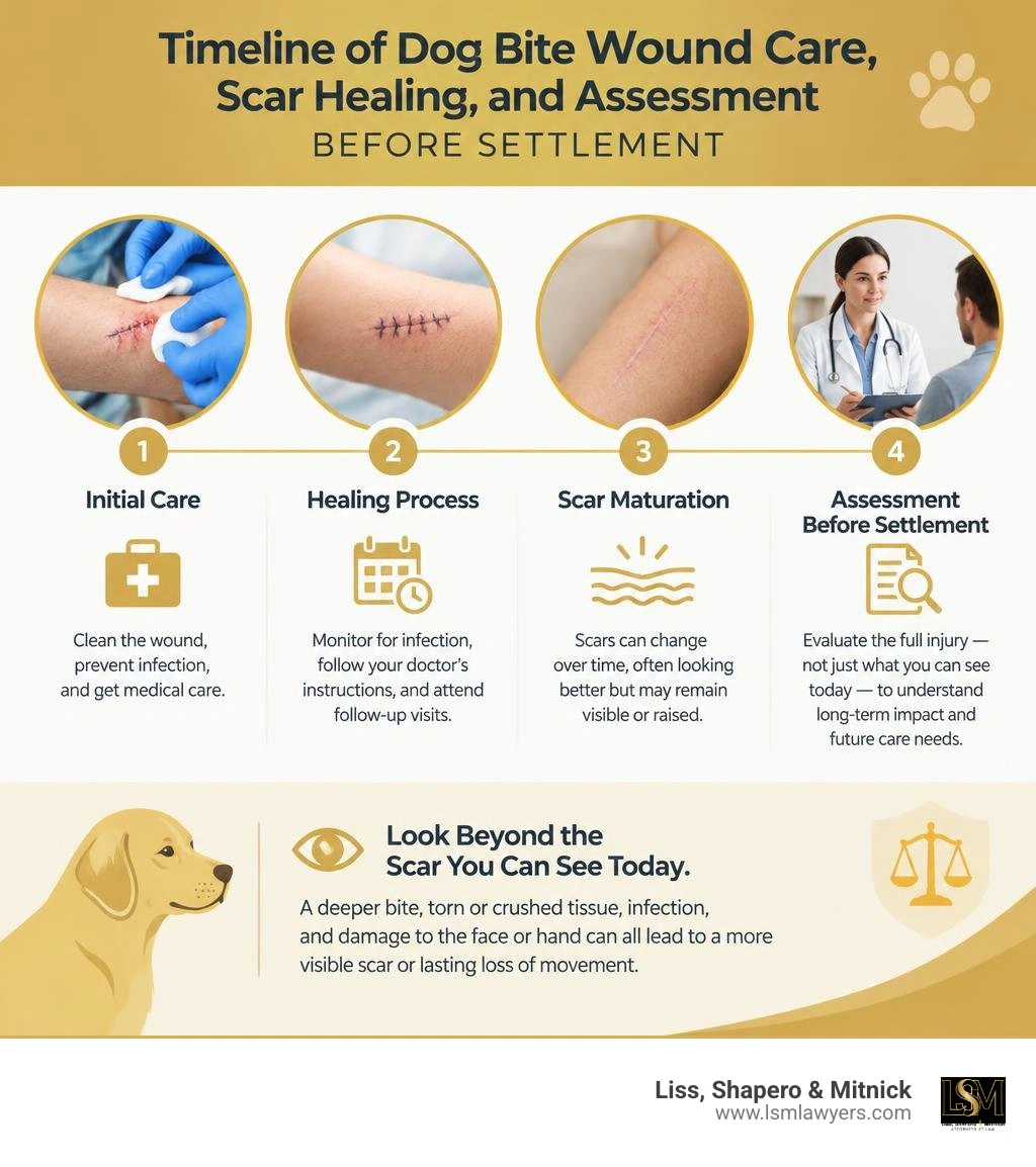 Timeline of dog bite wound care, scar healing, and assessment before settlement infographic