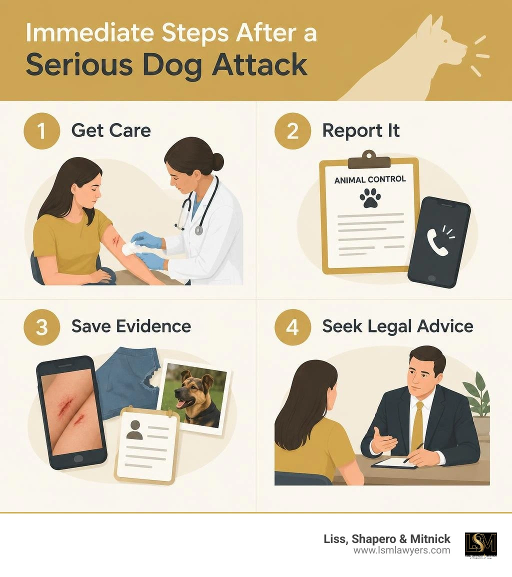 Immediate steps after a serious dog attack: get care, report it, save evidence, and seek legal advice infographic Immediate steps after a serious dog attack: get care, report it, save evidence, and seek legal advice infographic