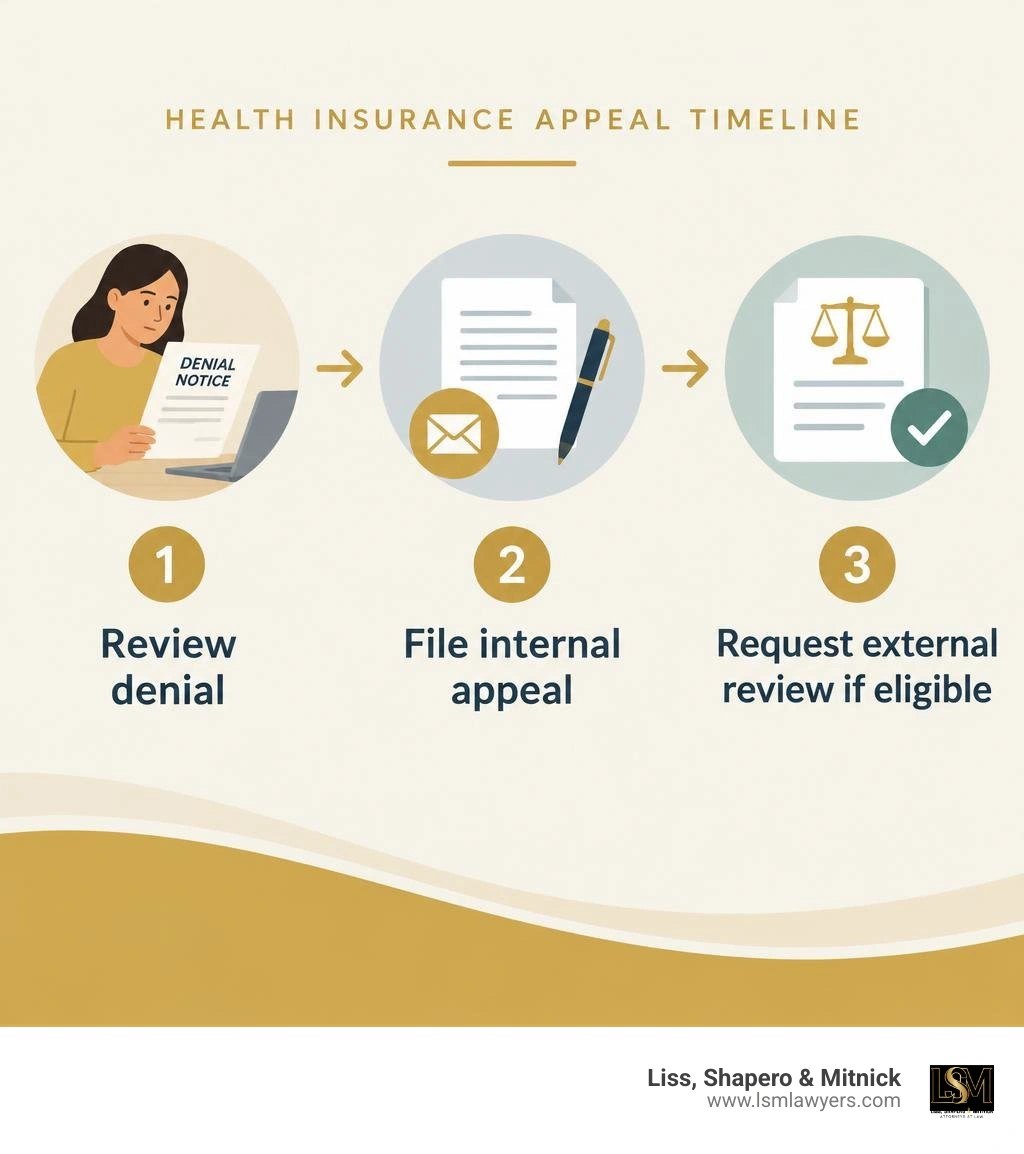 Health insurance appeal timeline: review denial, file internal appeal, request external review if eligible infographic Health insurance appeal timeline: review denial, file internal appeal, request external review if eligible infographic