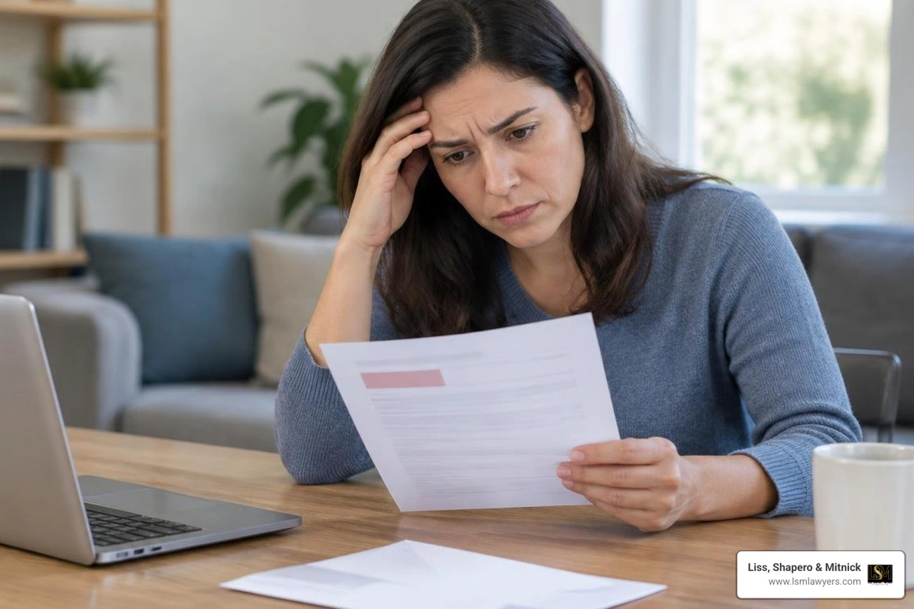 Patient reviewing a health insurance denial letter Patient reviewing a health insurance denial letter