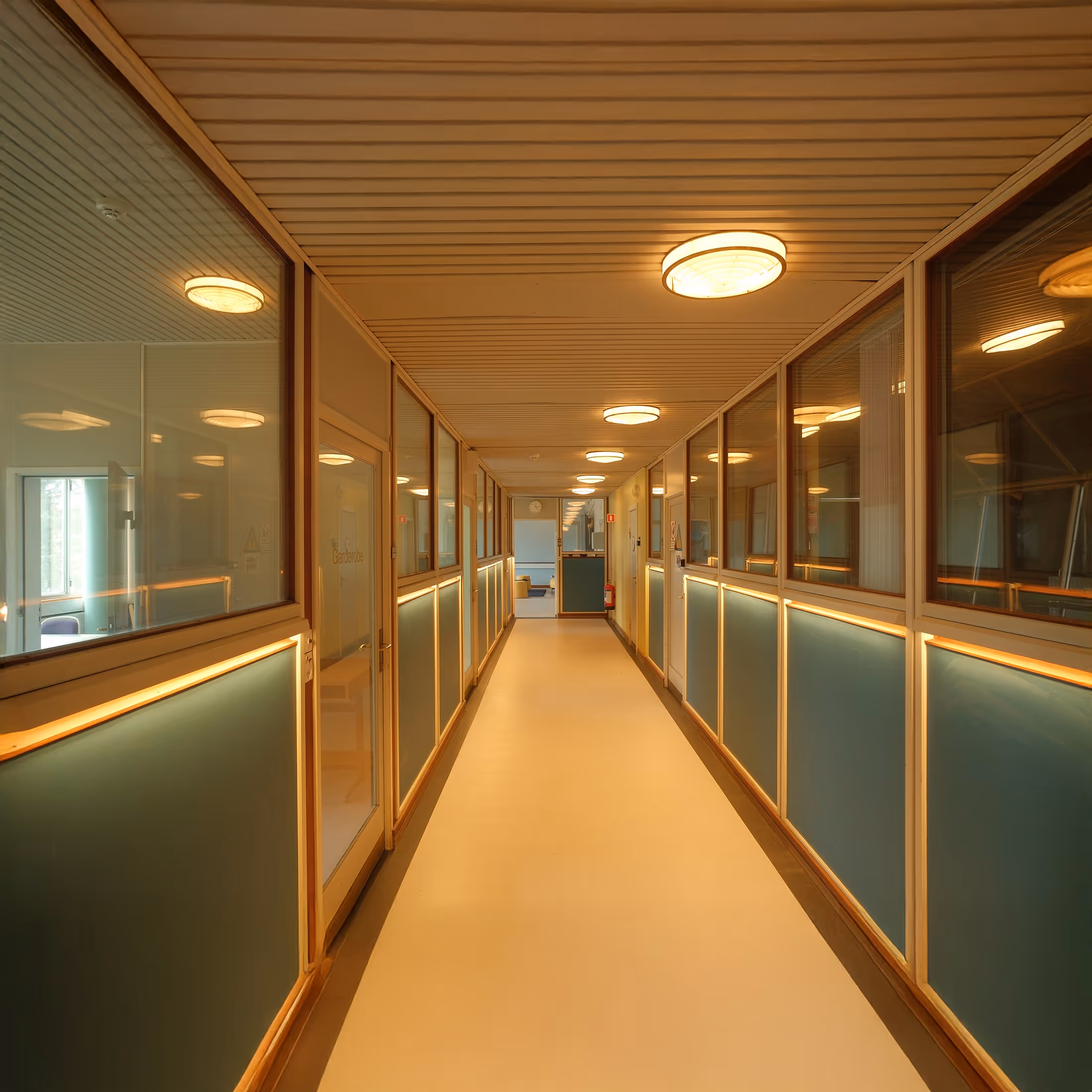 Empty hallway in an office building with glass-paneled walls and ceiling lights.