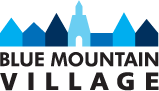 Blue Mountain Village logo with stylized blue mountain peaks and a building silhouette above the text.