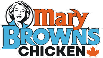 Mary Brown's Chicken logo featuring a stylized woman’s face, the brand name in bold orange and blue letters, and a small red maple leaf.