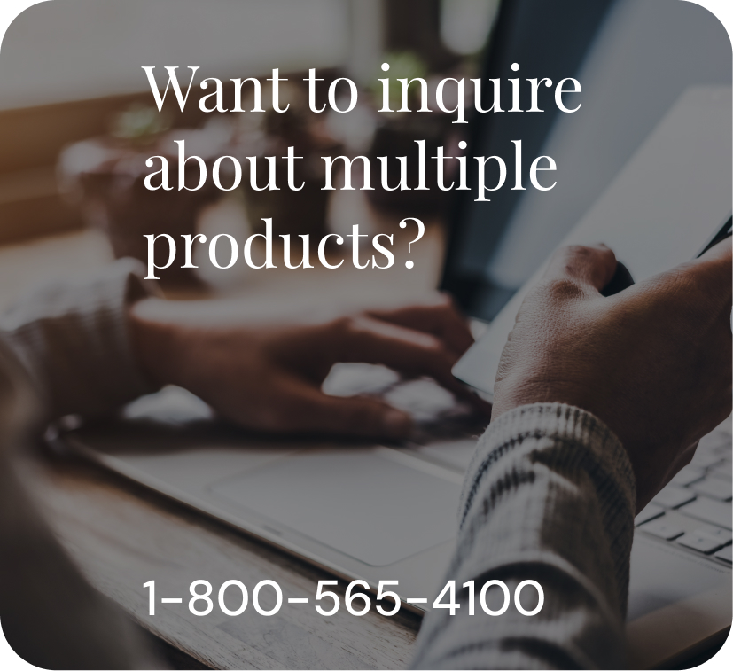 Person holding a smartphone in front of a laptop with text overlay asking if you want to inquire about multiple products and a phone number 1-800-565-4100.