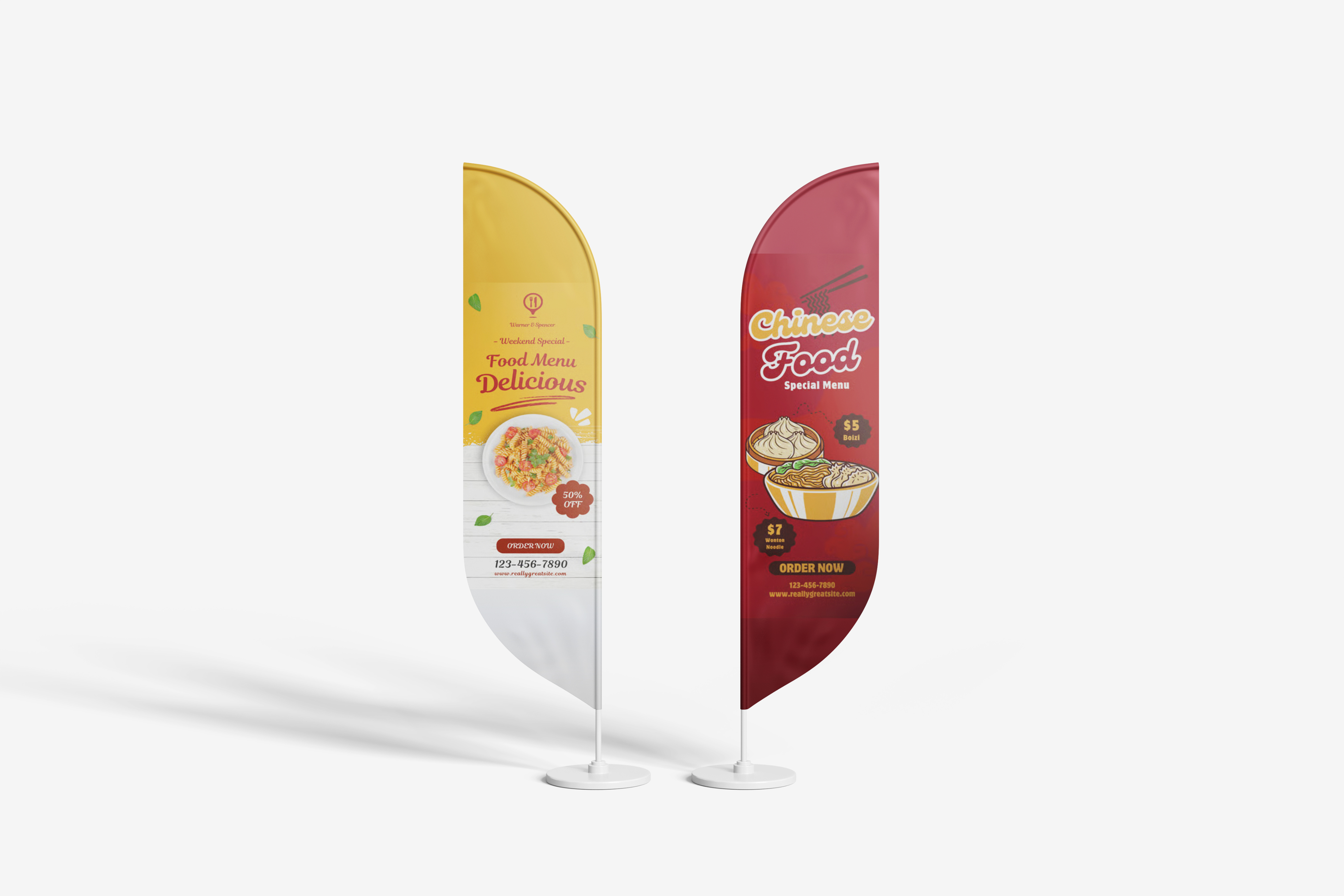 Two teardrop flags displaying food menus: left flag in yellow and white with pasta dish and 50% off; right flag in red with Chinese food illustrations and prices.