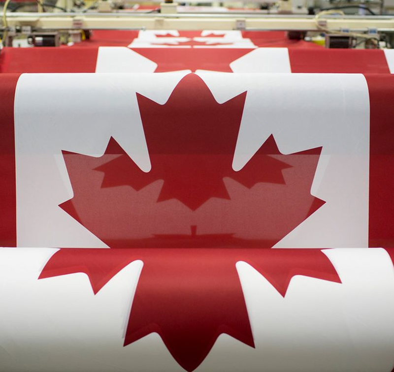 Close-up of Canadian flags with red maple leaf designs being printed or processed in a factory.