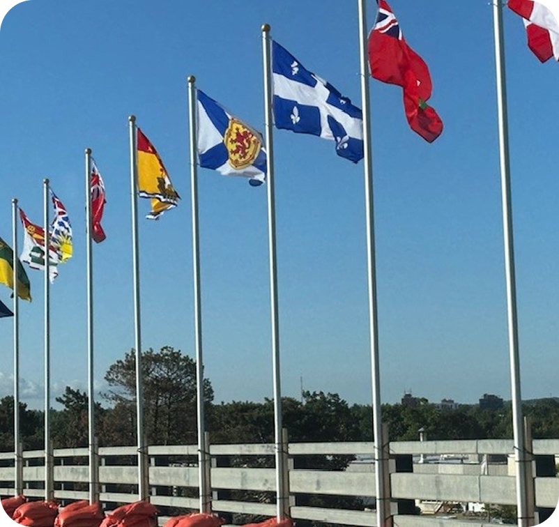 A row of Canadian provincial flags flying on flagpoles against a clear blue sky.