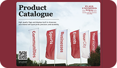 Red vertical flags labeled Communities, Sports, Businesses, Events, Your City, and Your Home against a blue sky background.