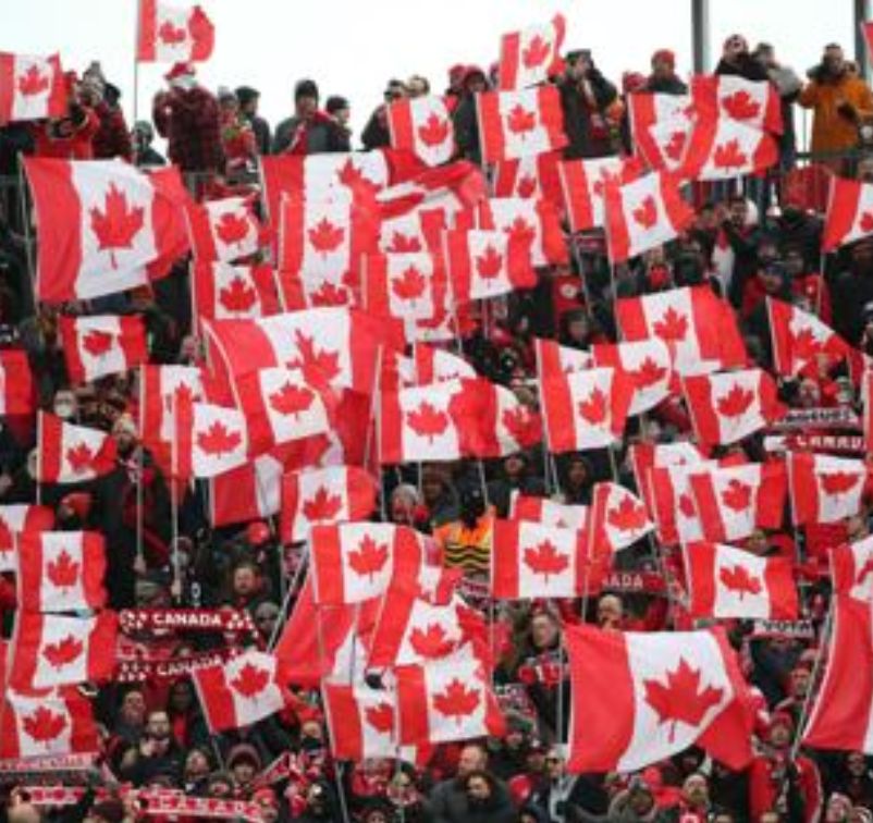 Large crowd of people waving numerous Canadian flags at an outdoor event.