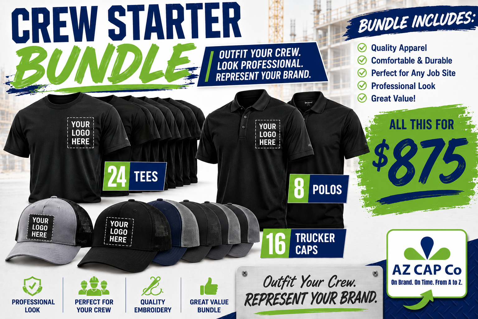 The Crew Starter Bundle — 24 tees, 8 polos, 16 trucker caps, all for $875