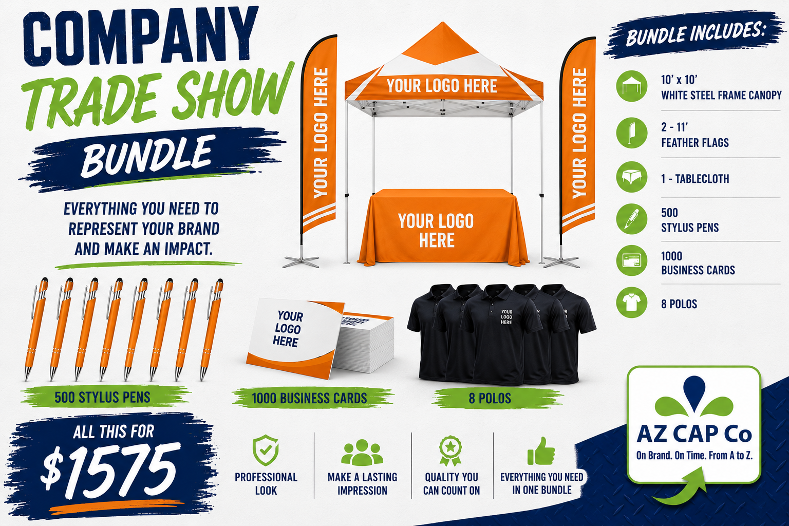 Company Trade Show Bundle — canopy, feather flags, table throw, pens, business cards and polos, all for $1,575
