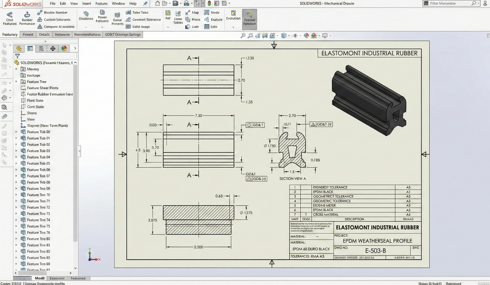 Plan technique SolidWorks d’un profilé d’extrusion en caoutchouc complexe, conception assistée par ordinateur pour la validation d’extrusions sur mesure.