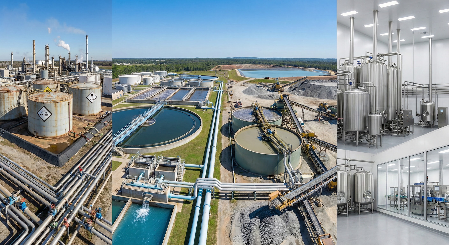 Montage photographique haute résolution illustrant divers secteurs industriels nécessitant des solutions de protection avancées, comme le revêtement en caoutchouc (rubber lining) contre la corrosion et l'abrasion. L'image montre des réservoirs pour produits chimiques agressifs, une station d'épuration, des équipements miniers traitant des boues abrasives et des cuves pharmaceutiques en acier inoxydable dans un environnement stérile.