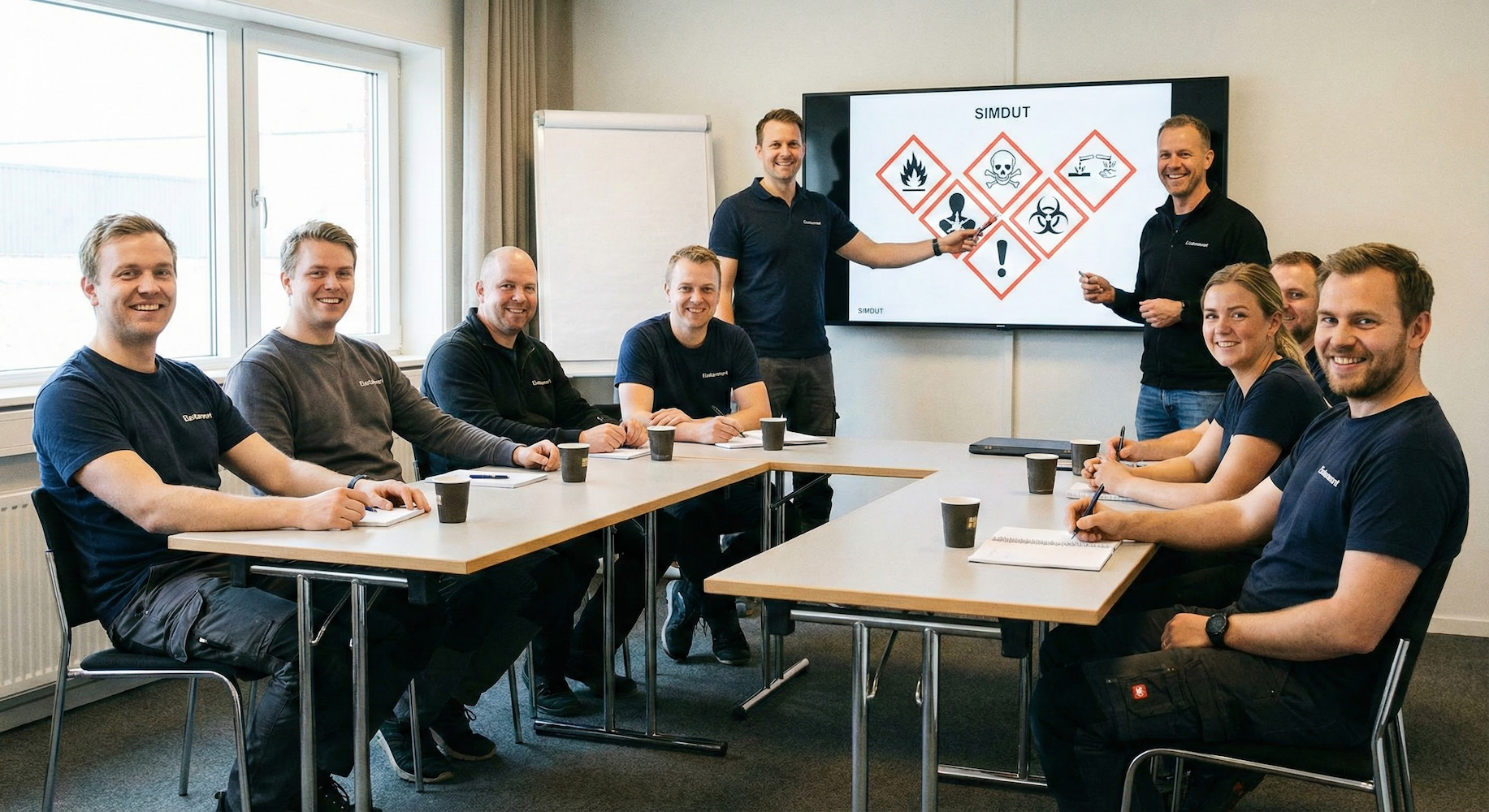 Photo montrant huit techniciens et deux formateurs de l'équipe Elastomont lors d'une session de formation SIMDUT. Dans une ambiance détendue, le groupe examine un écran affichant les pictogrammes de sécurité, étape essentielle avant d'effectuer des travaux spécialisés comme l'application de rubber lining (revêtement en caoutchouc).