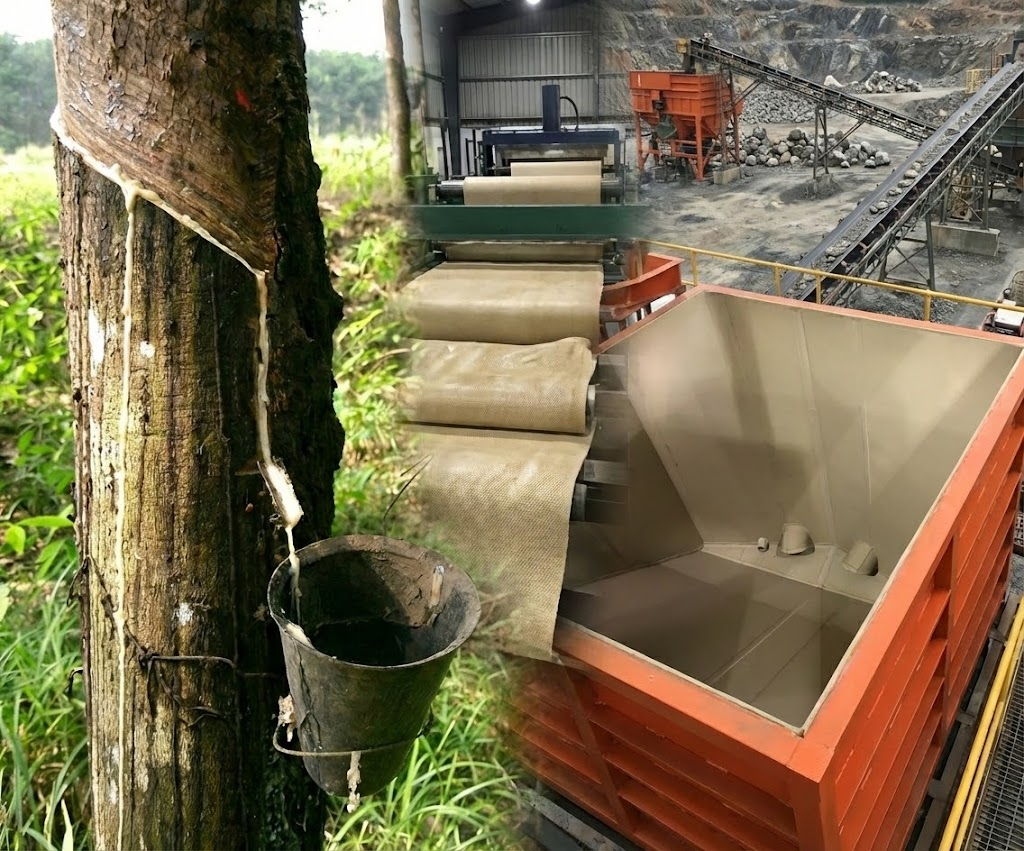 Montage illustrant le cycle du caoutchouc naturel de haute qualité : récolte du latex sur l'arbre, transformation en usine, et application finale comme revêtement (rubber lining) anti-abrasion dans une chute de mine pour Élastomont.