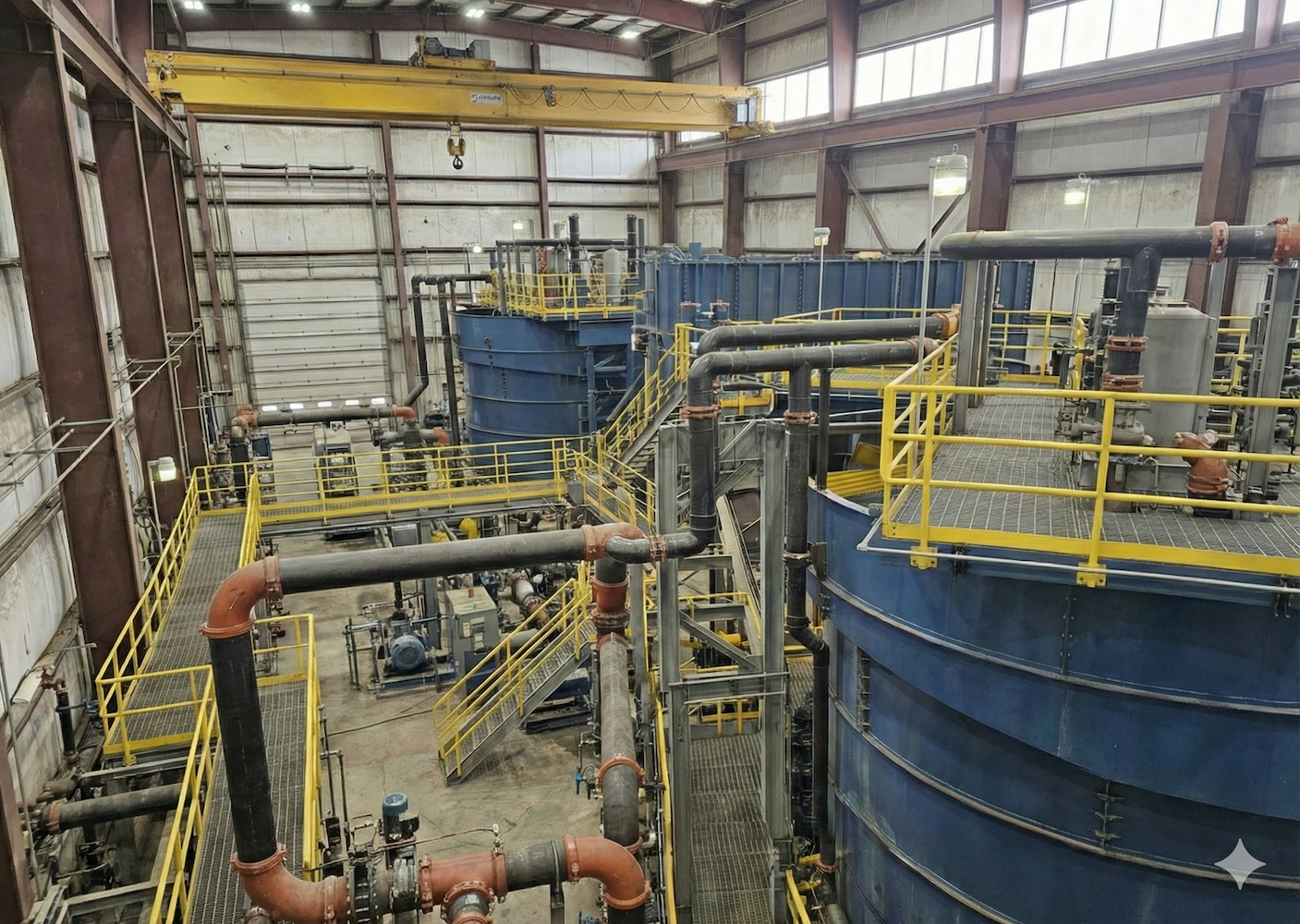 Tuyauterie industrielle avec revêtement en caoutchouc (rubber lining) installée par Elastomont dans une usine de flottation minière, offrant une protection supérieure contre l'abrasion des boues.