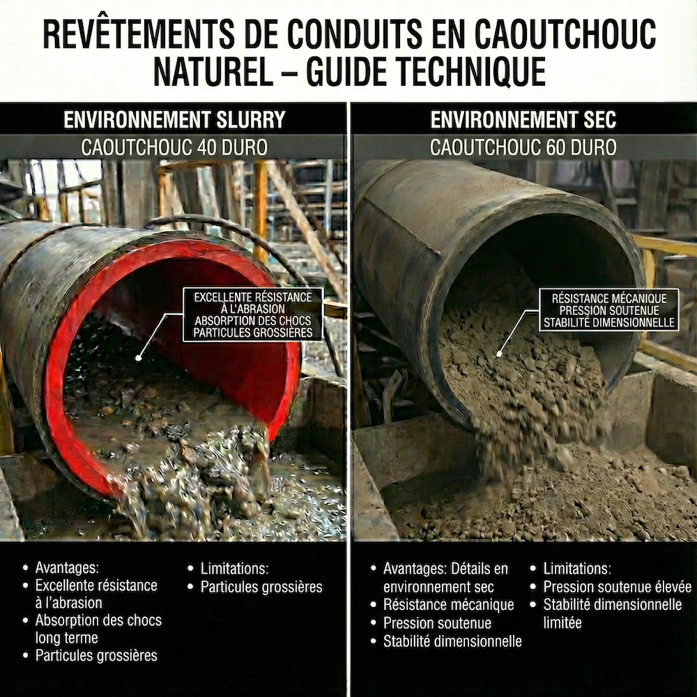 Infographie d'un guide technique comparant deux types de revêtements de conduits en caoutchouc naturel. Le panneau de gauche, pour 'Environnement Slurry', montre un tuyau avec un revêtement interne rouge (40 Duro) déversant un mélange liquide abrasif et des roches, soulignant son excellente résistance à l'abrasion. Le panneau de droite, pour 'Environnement Sec', montre un tuyau avec un revêtement noir (60 Duro) déversant des minerais secs et des pierres, soulignant sa résistance mécanique et sa stabilité sous pression. Des listes à puces détaillent les avantages et limitations sous chaque image.